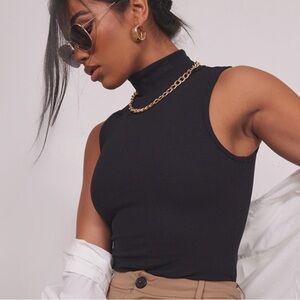 PRETTYLITTLETHING Basic Black Rib High Neck Sleeveless Bodysuit, SIZE US 10